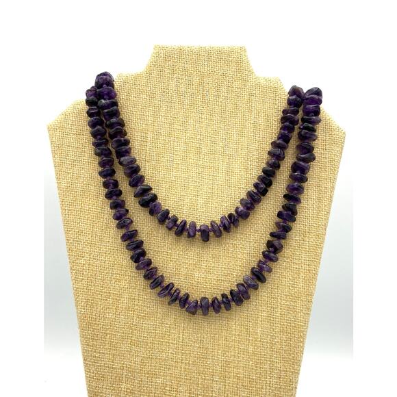 37" Genuine Amethyst Graduated Nugget Necklace Hand-Knotted Vintage Dark Boho - Picture 4 of 11